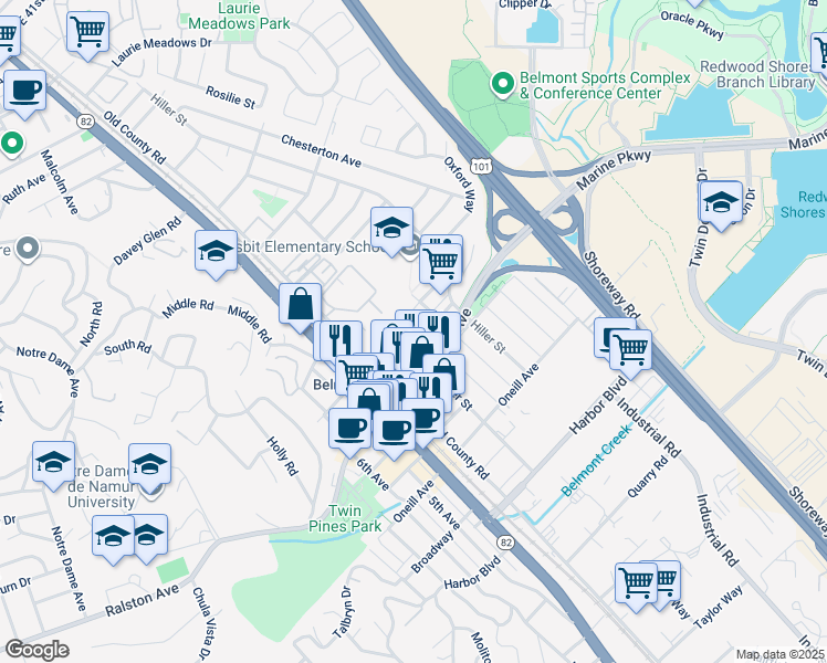 map of restaurants, bars, coffee shops, grocery stores, and more near 640 Masonic Way in Belmont