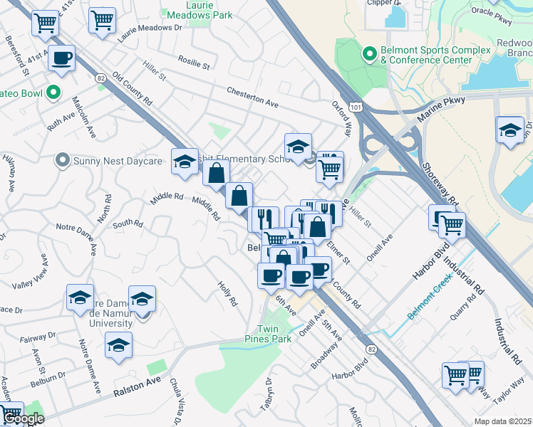 map of restaurants, bars, coffee shops, grocery stores, and more near 825 Old County Road in Belmont