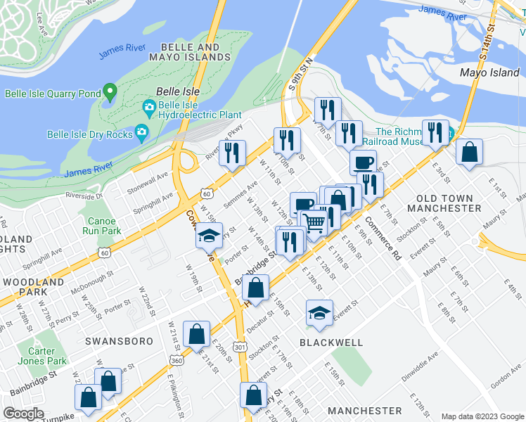 map of restaurants, bars, coffee shops, grocery stores, and more near 1214 Perry Street in Richmond