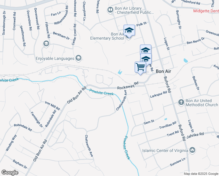 map of restaurants, bars, coffee shops, grocery stores, and more near 2103 Waters Mill Drive in Bon Air