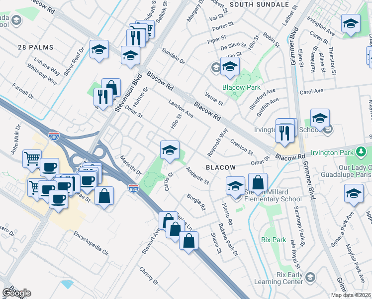 map of restaurants, bars, coffee shops, grocery stores, and more near 5108 Curtis Street in Fremont