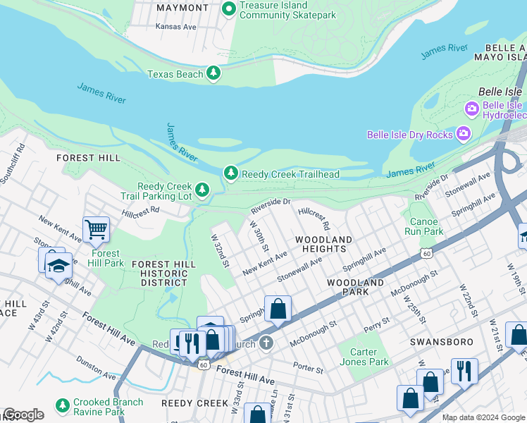 map of restaurants, bars, coffee shops, grocery stores, and more near 2902 Riverside Drive in Richmond
