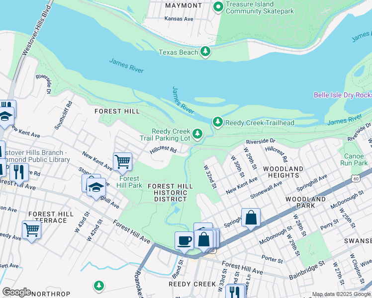 map of restaurants, bars, coffee shops, grocery stores, and more near 4101 Hillcrest Road in Richmond