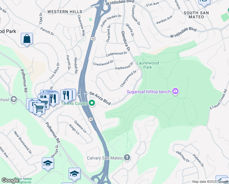 map of restaurants, bars, coffee shops, grocery stores, and more near 1521 Cherrywood Drive in San Mateo