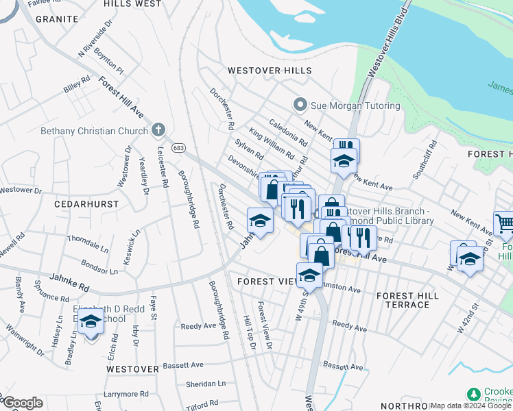map of restaurants, bars, coffee shops, grocery stores, and more near 5106 Forest Hill Avenue in Richmond