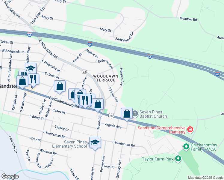 map of restaurants, bars, coffee shops, grocery stores, and more near 326 7 Pines Avenue in Sandston