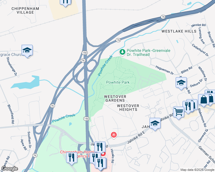 map of restaurants, bars, coffee shops, grocery stores, and more near Powhite Park Trails in Richmond