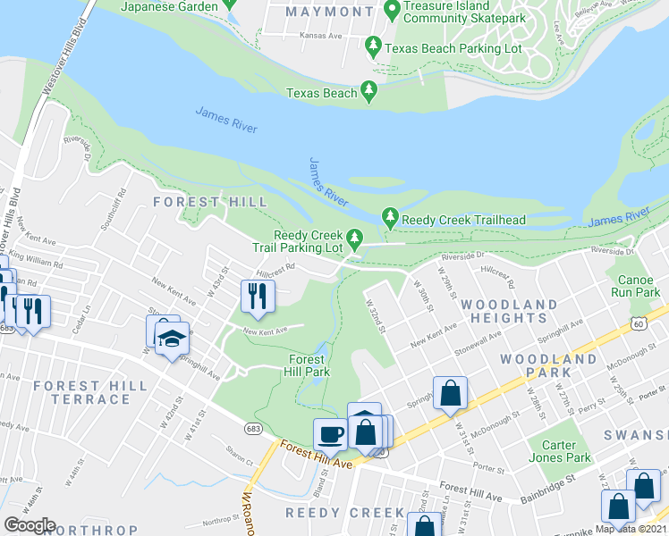 map of restaurants, bars, coffee shops, grocery stores, and more near 4101 Hillcrest Road in Richmond