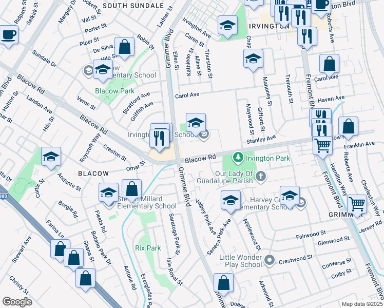 map of restaurants, bars, coffee shops, grocery stores, and more near in Fremont