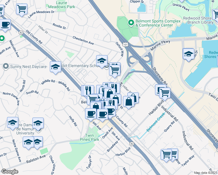 map of restaurants, bars, coffee shops, grocery stores, and more near 562 Ralston Avenue in Belmont