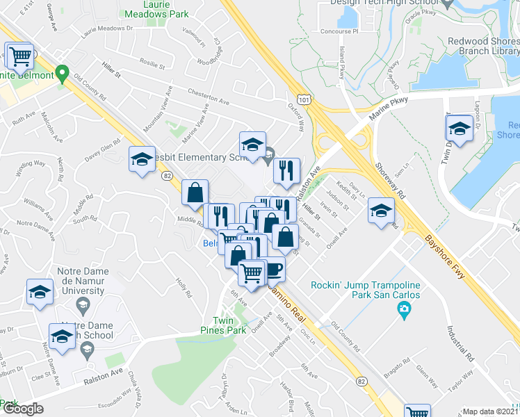 map of restaurants, bars, coffee shops, grocery stores, and more near 640 Masonic Way in Belmont
