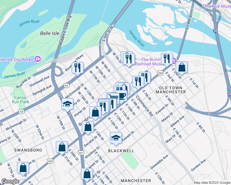 map of restaurants, bars, coffee shops, grocery stores, and more near 1000 Bainbridge Street in Richmond