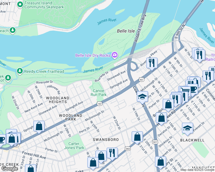 map of restaurants, bars, coffee shops, grocery stores, and more near 515 West 22nd Street in Richmond