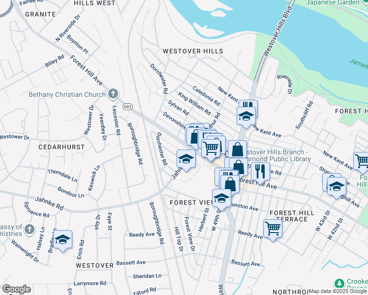 map of restaurants, bars, coffee shops, grocery stores, and more near 5106 Forest Hill Avenue in Richmond