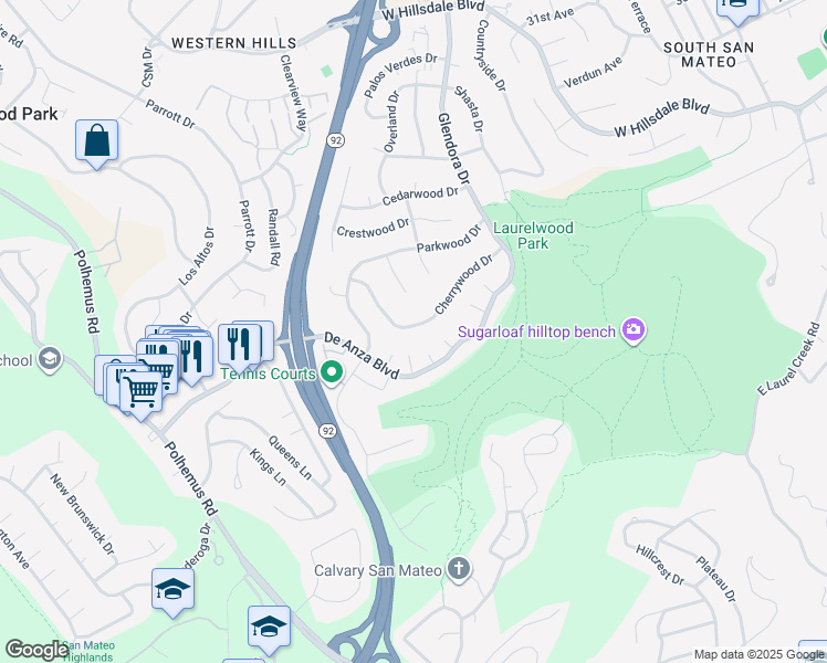 map of restaurants, bars, coffee shops, grocery stores, and more near 1521 Cherrywood Drive in San Mateo