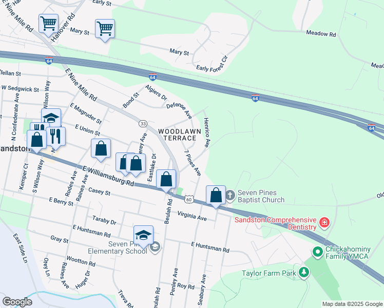 map of restaurants, bars, coffee shops, grocery stores, and more near 326 7 Pines Avenue in Sandston
