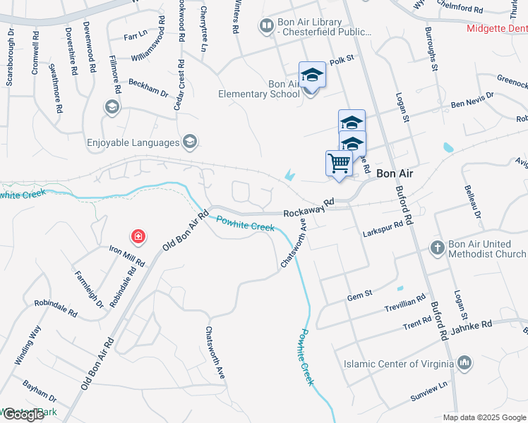 map of restaurants, bars, coffee shops, grocery stores, and more near 2131 Waters Mill Drive in Bon Air