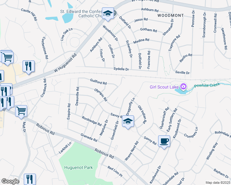map of restaurants, bars, coffee shops, grocery stores, and more near 2141 Woodmont Drive in Richmond