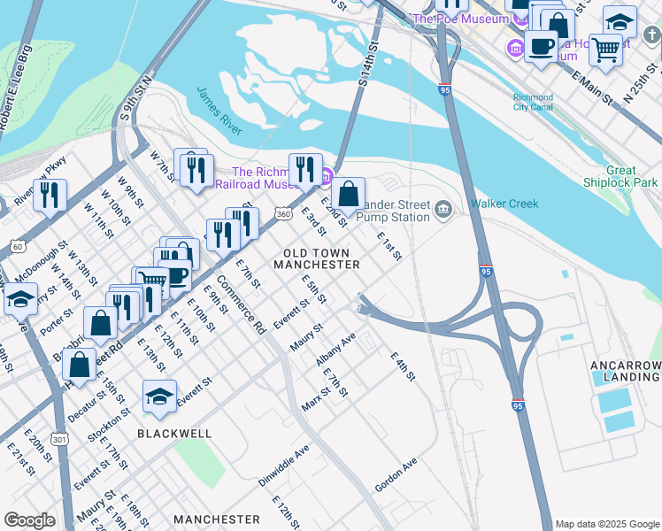 map of restaurants, bars, coffee shops, grocery stores, and more near 360 Stockton Street in Richmond