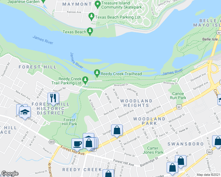 map of restaurants, bars, coffee shops, grocery stores, and more near 2902 Riverside Drive in Richmond