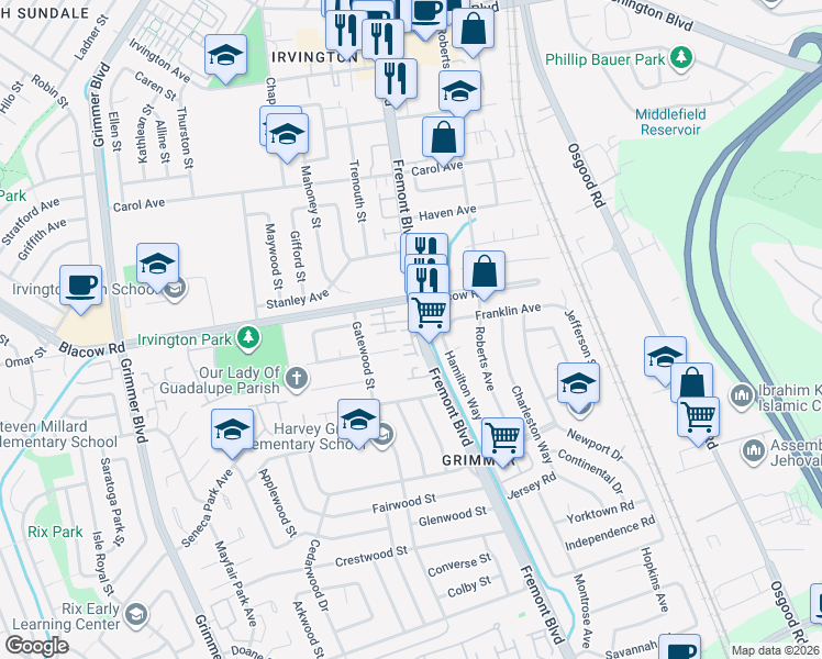 map of restaurants, bars, coffee shops, grocery stores, and more near Dill Terrace in Fremont