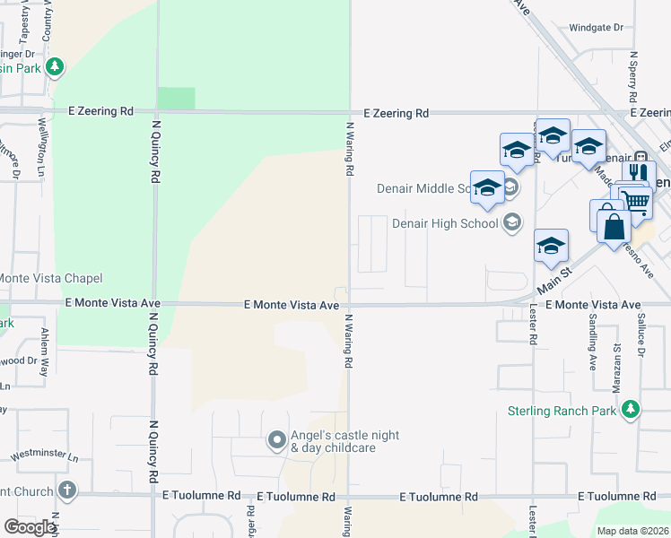 map of restaurants, bars, coffee shops, grocery stores, and more near 3113 East Monte Vista Avenue in Denair