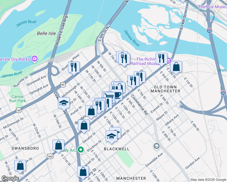 map of restaurants, bars, coffee shops, grocery stores, and more near 1000 Bainbridge Street in Richmond
