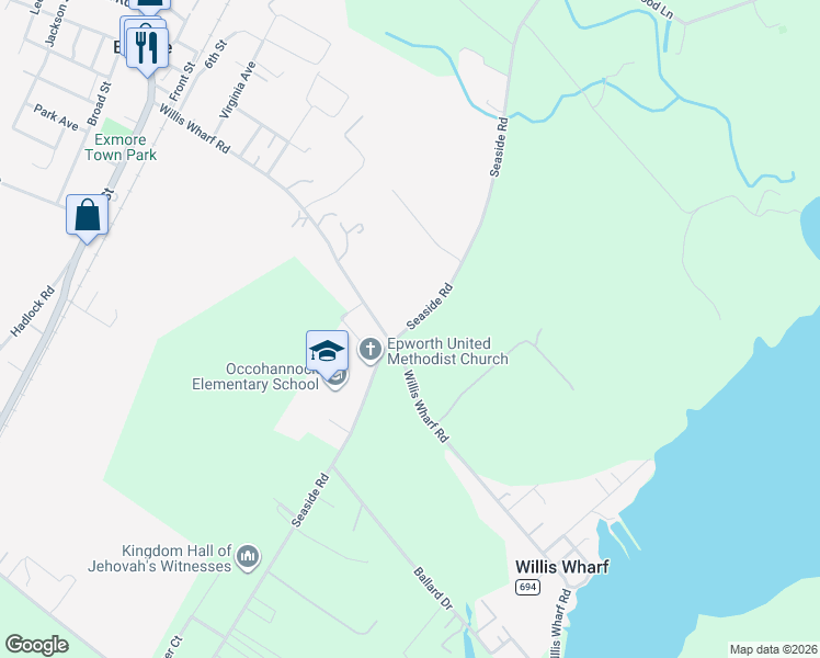 map of restaurants, bars, coffee shops, grocery stores, and more near 4140 Seaside Road in Exmore