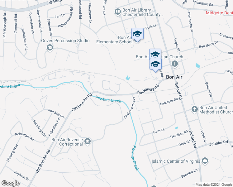 map of restaurants, bars, coffee shops, grocery stores, and more near 2144 Waters Mill Drive in Bon Air