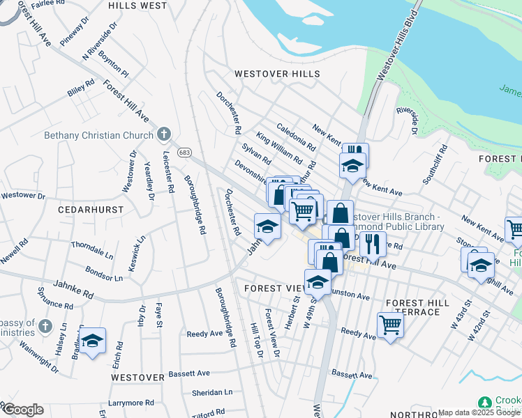 map of restaurants, bars, coffee shops, grocery stores, and more near 5108 Forest Hill Avenue in Richmond