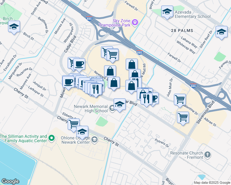 map of restaurants, bars, coffee shops, grocery stores, and more near 2086 Newpark Mall in Newark