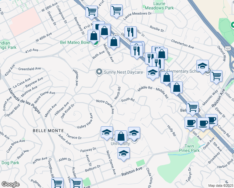 map of restaurants, bars, coffee shops, grocery stores, and more near 1306 North Road in Belmont