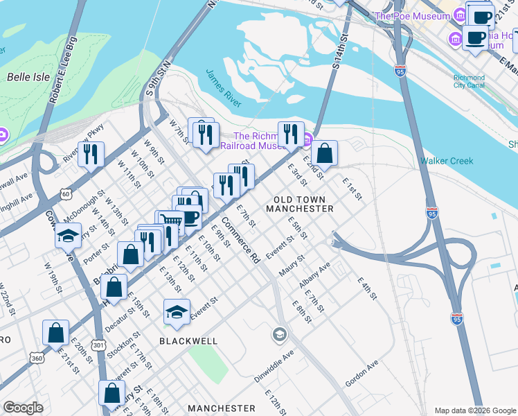 map of restaurants, bars, coffee shops, grocery stores, and more near 618 Decatur Street in Richmond