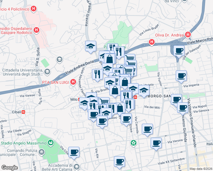 map of restaurants, bars, coffee shops, grocery stores, and more near 23 Via Bronte in Catania