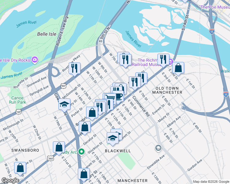 map of restaurants, bars, coffee shops, grocery stores, and more near 1000 Bainbridge Street in Richmond