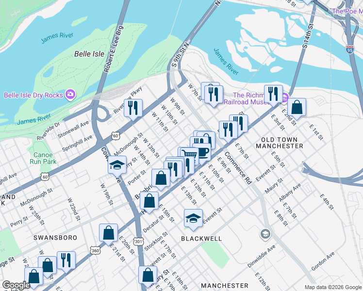 map of restaurants, bars, coffee shops, grocery stores, and more near 115 West 12th Street in Richmond