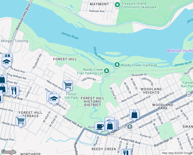 map of restaurants, bars, coffee shops, grocery stores, and more near 4110 Hillcrest Road in Richmond