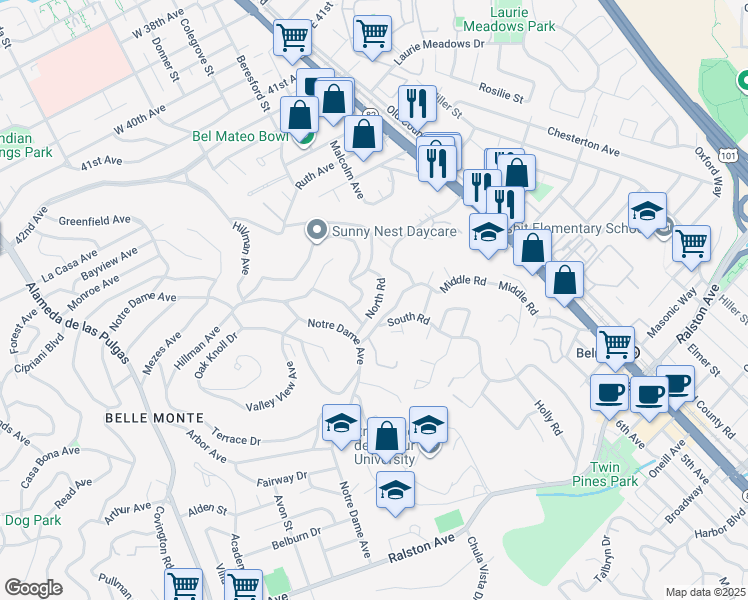 map of restaurants, bars, coffee shops, grocery stores, and more near 1306 North Road in Belmont