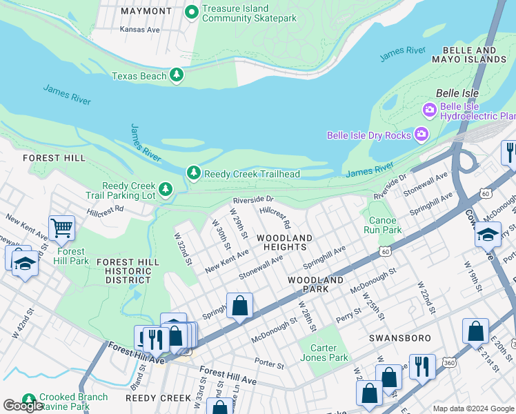 map of restaurants, bars, coffee shops, grocery stores, and more near 2723 Hillcrest Road in Richmond