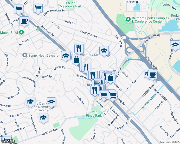 map of restaurants, bars, coffee shops, grocery stores, and more near 770 El Camino Real in Belmont