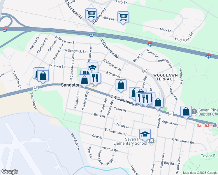 map of restaurants, bars, coffee shops, grocery stores, and more near 100 East Williamsburg Road in Sandston