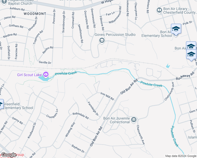 map of restaurants, bars, coffee shops, grocery stores, and more near 10322 Iron Mill Road in Richmond