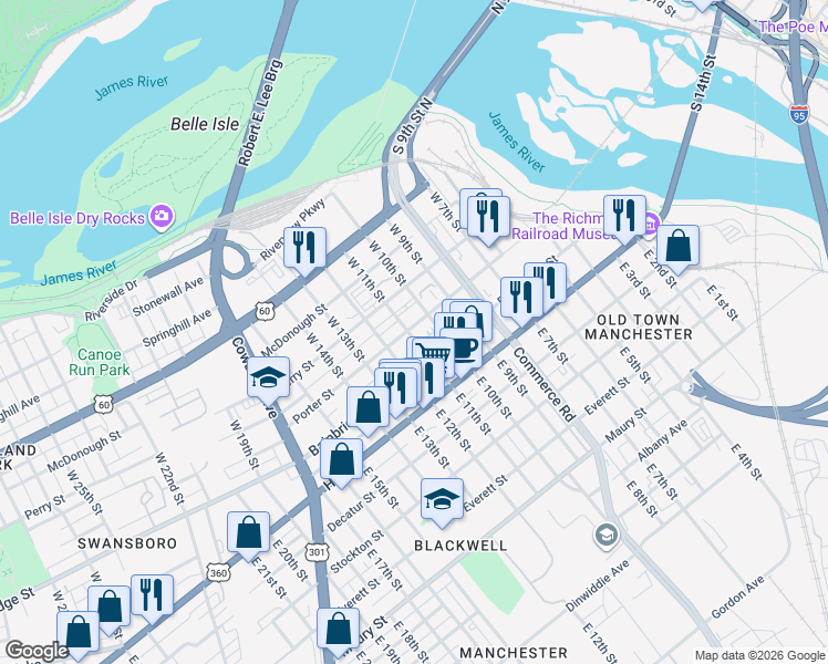 map of restaurants, bars, coffee shops, grocery stores, and more near 115 West 12th Street in Richmond