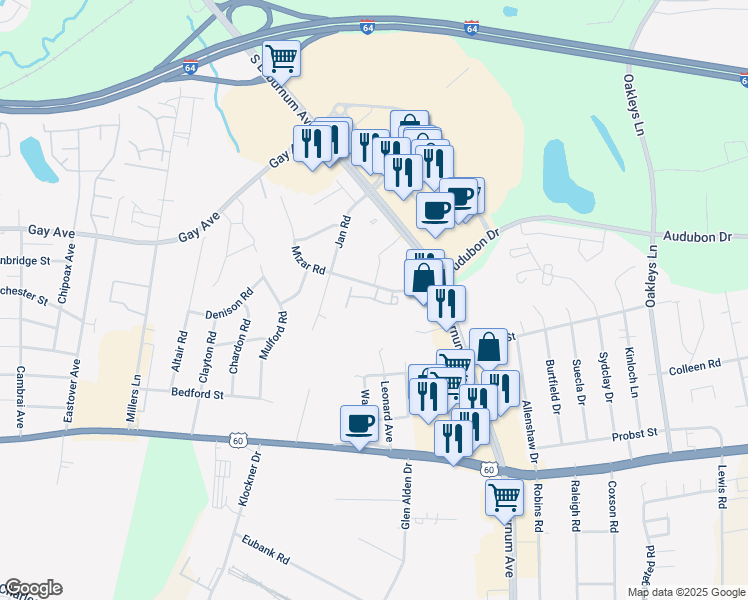 map of restaurants, bars, coffee shops, grocery stores, and more near 4123 East Wood Harbor Court in Henrico