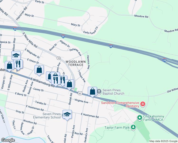 map of restaurants, bars, coffee shops, grocery stores, and more near 700 Howard Street in Sandston