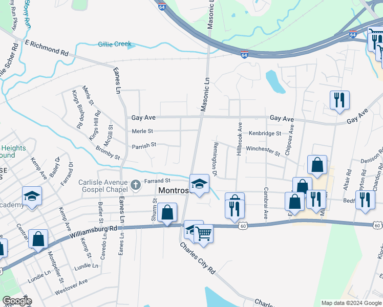 map of restaurants, bars, coffee shops, grocery stores, and more near 4618 Brittles Lane in Richmond