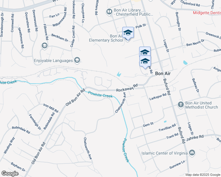 map of restaurants, bars, coffee shops, grocery stores, and more near 2103 Waters Mill Drive in Bon Air