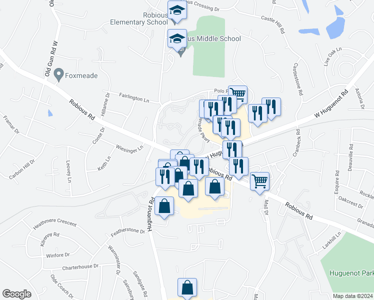 map of restaurants, bars, coffee shops, grocery stores, and more near 2152 Magnolia Grove Way in Midlothian