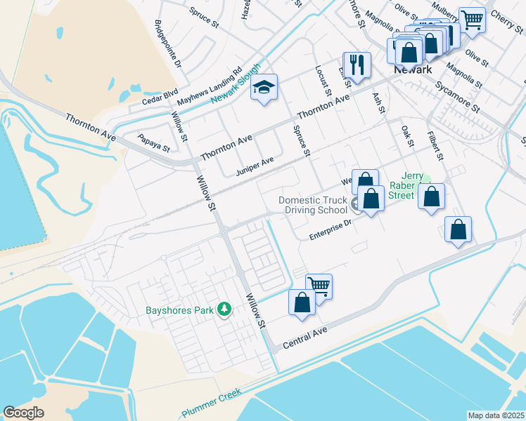 map of restaurants, bars, coffee shops, grocery stores, and more near 37297 Aleppo Drive in Newark