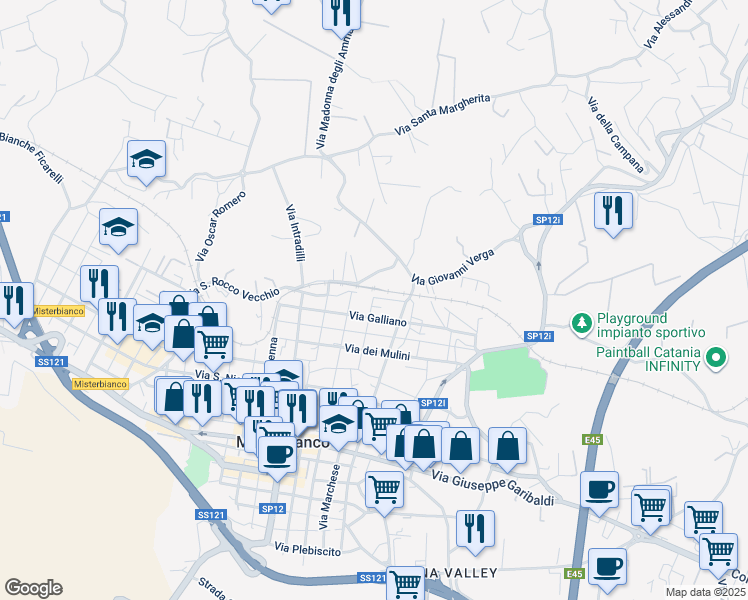 map of restaurants, bars, coffee shops, grocery stores, and more near 73 Via Galliano in Misterbianco